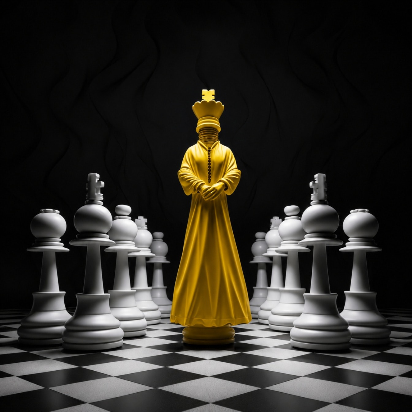 A yellow queen among chess pieces — leading with clarity